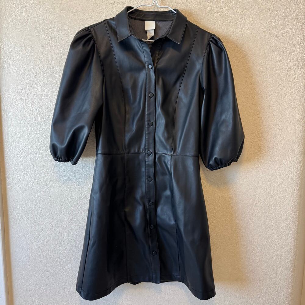 H&M Black Faux Leather Puff Sleeve Mini Dress Size 4